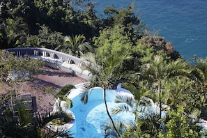 Une piscine entourée de palmiers et une terrasse en bois dotée d’une balustrade incurvée.