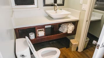 A bathroom with a toilet, sink, mirror, and wooden floor.