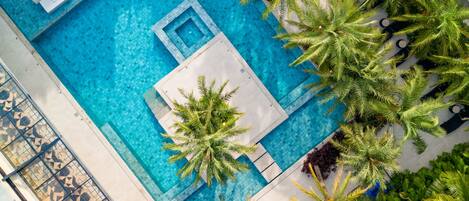 An aerial view of a swimming pool surrounded by palm trees and lounge chairs.
