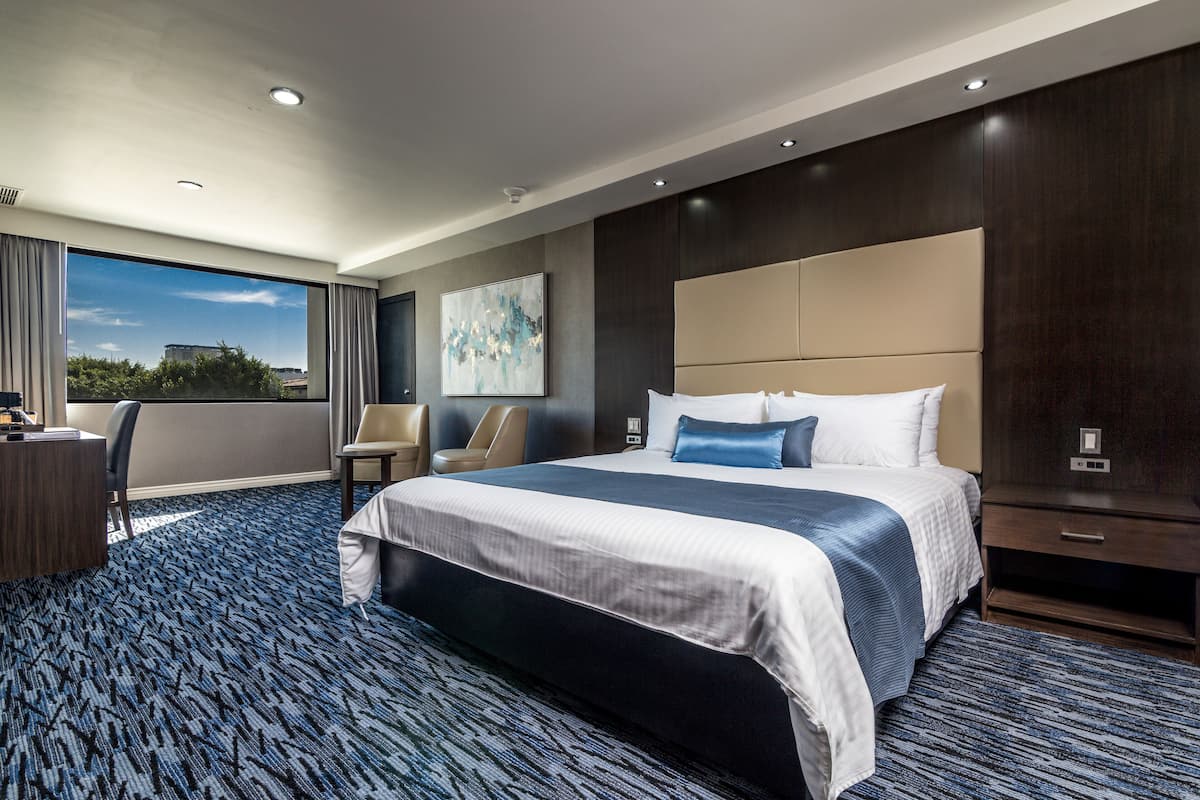 A modern hotel room with a large bed, a desk, and a view of the outdoors.