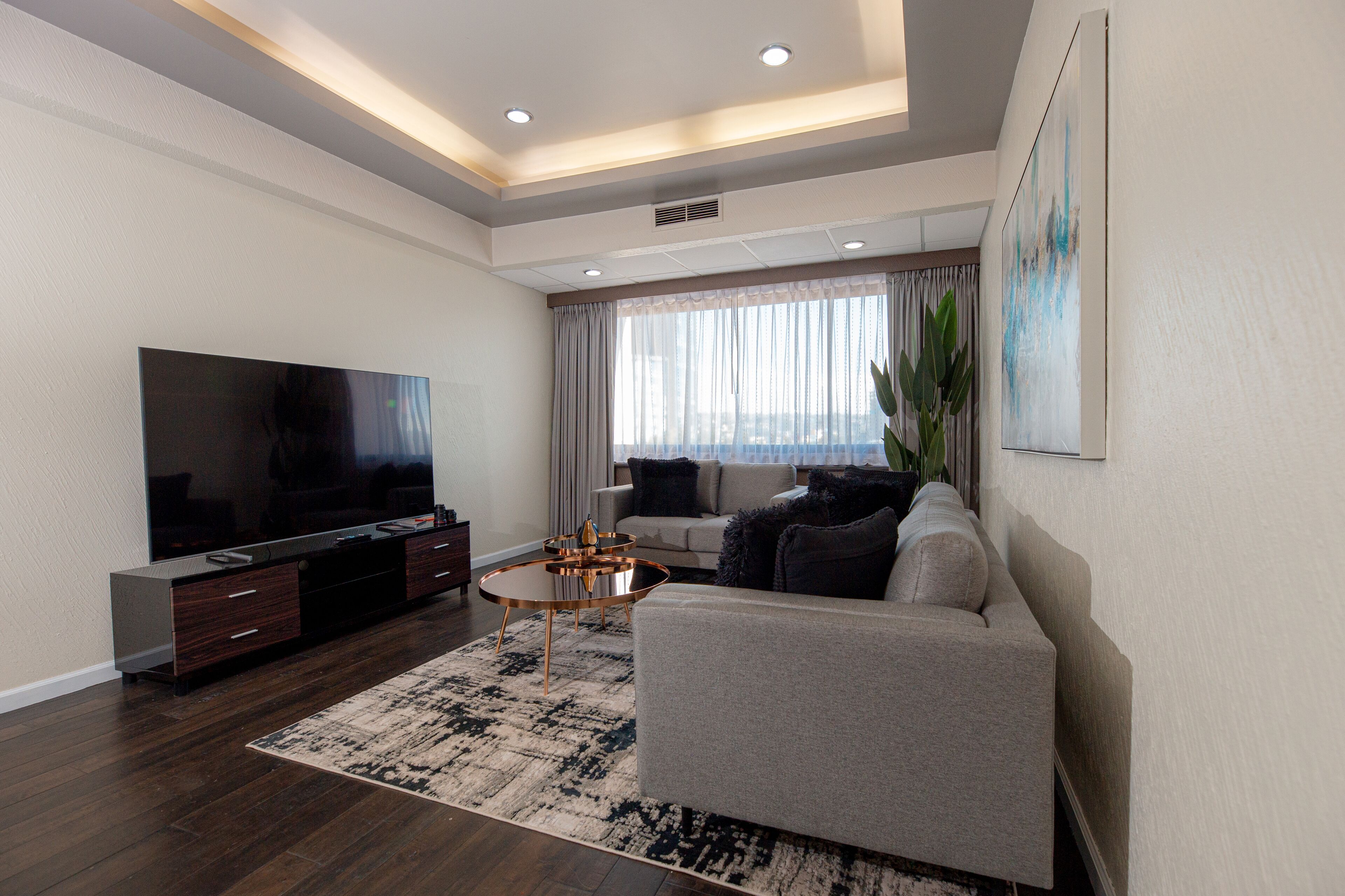 A modern living room with a flat-screen TV, a sofa, a coffee table, and a large window with curtains.