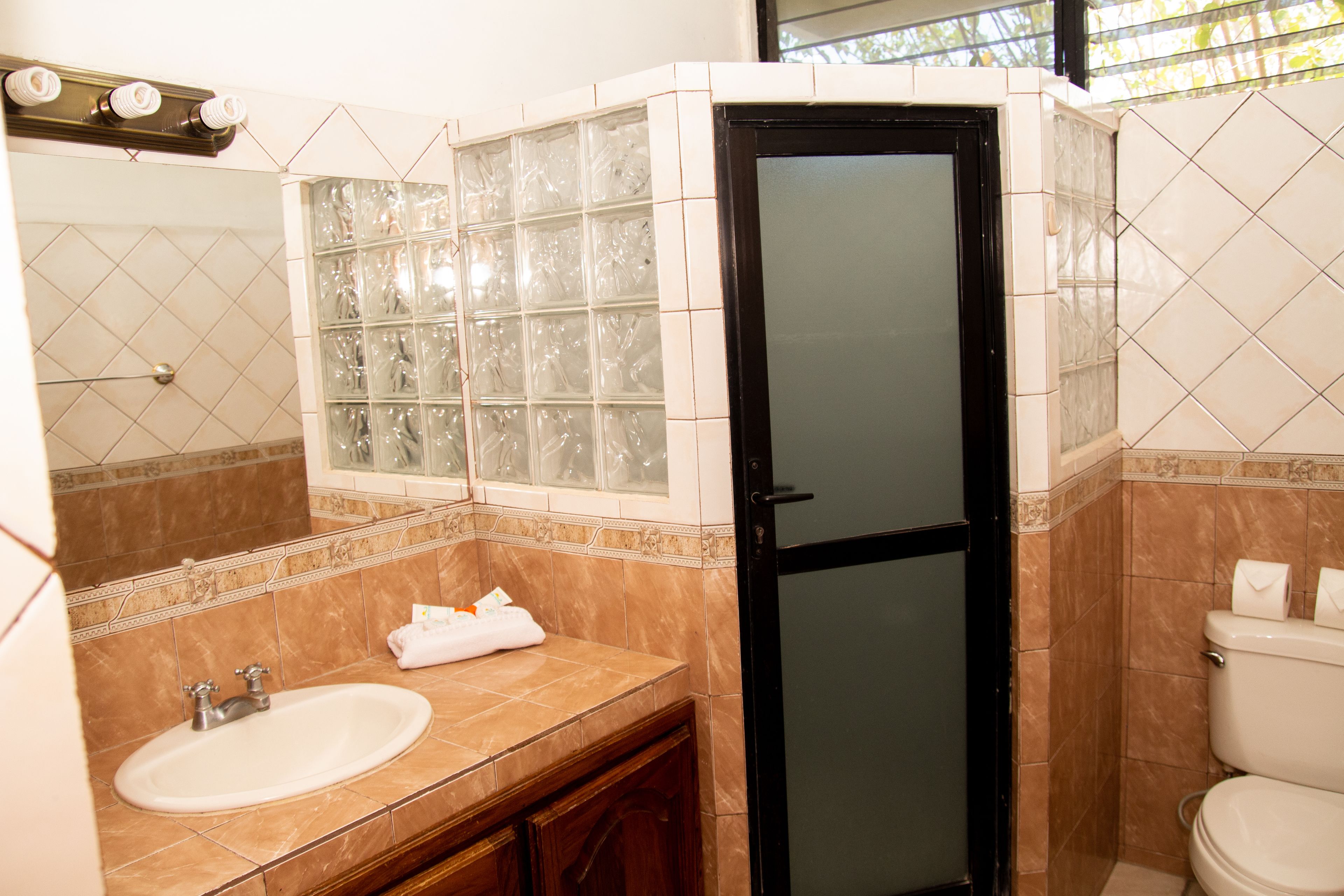 Un baño con lavamanos, espejo e inodoro.