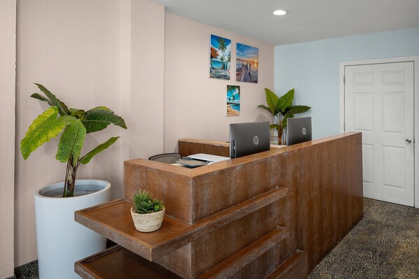 A reception desk with two laptops, a potted plant, and a small table with a plant.