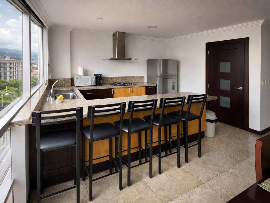 A modern kitchen with a bar area, stainless steel appliances, and a city view.
