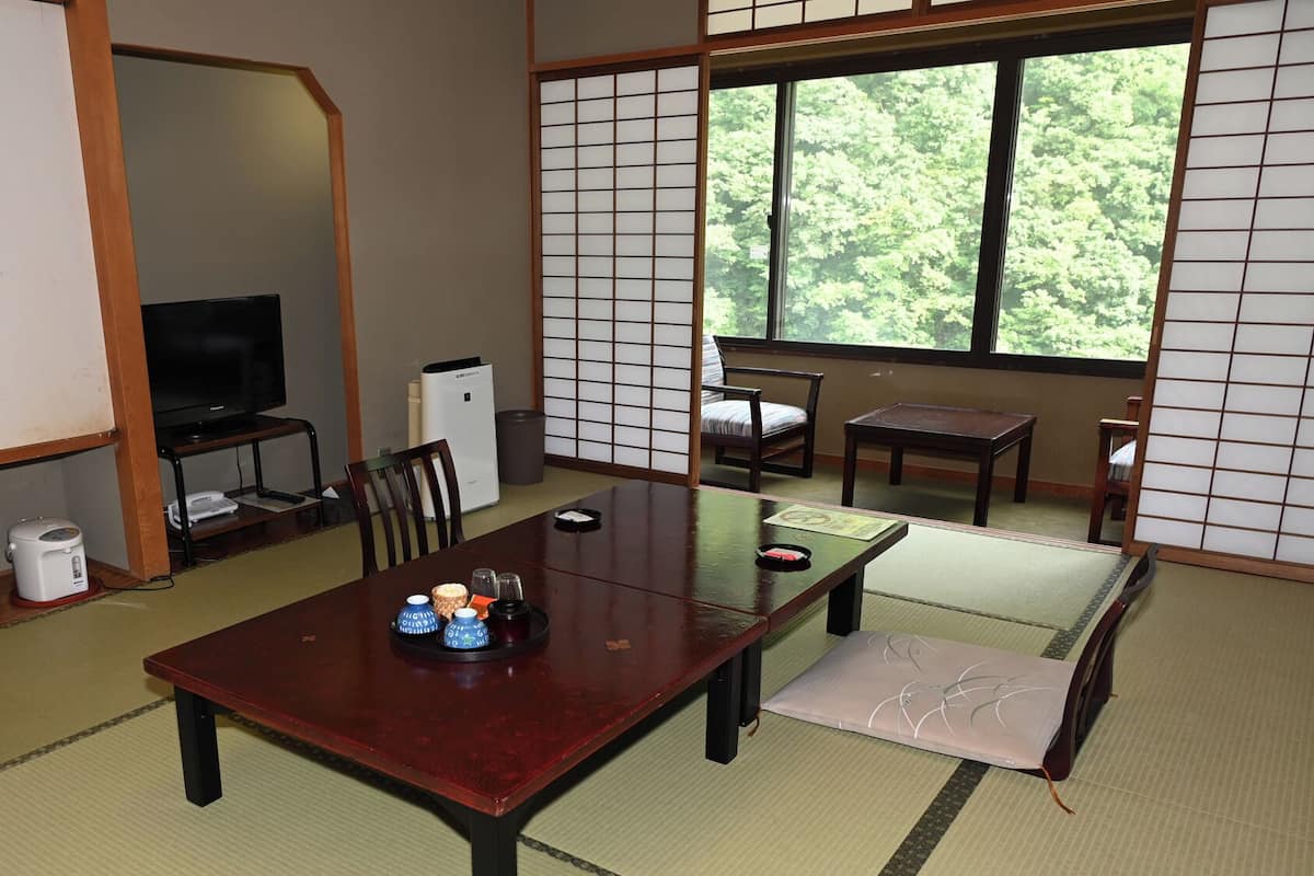 Una habitación japonesa tradicional con suelo de tatami, una mesa baja, un televisor y vistas a zonas verdes por la ventana.