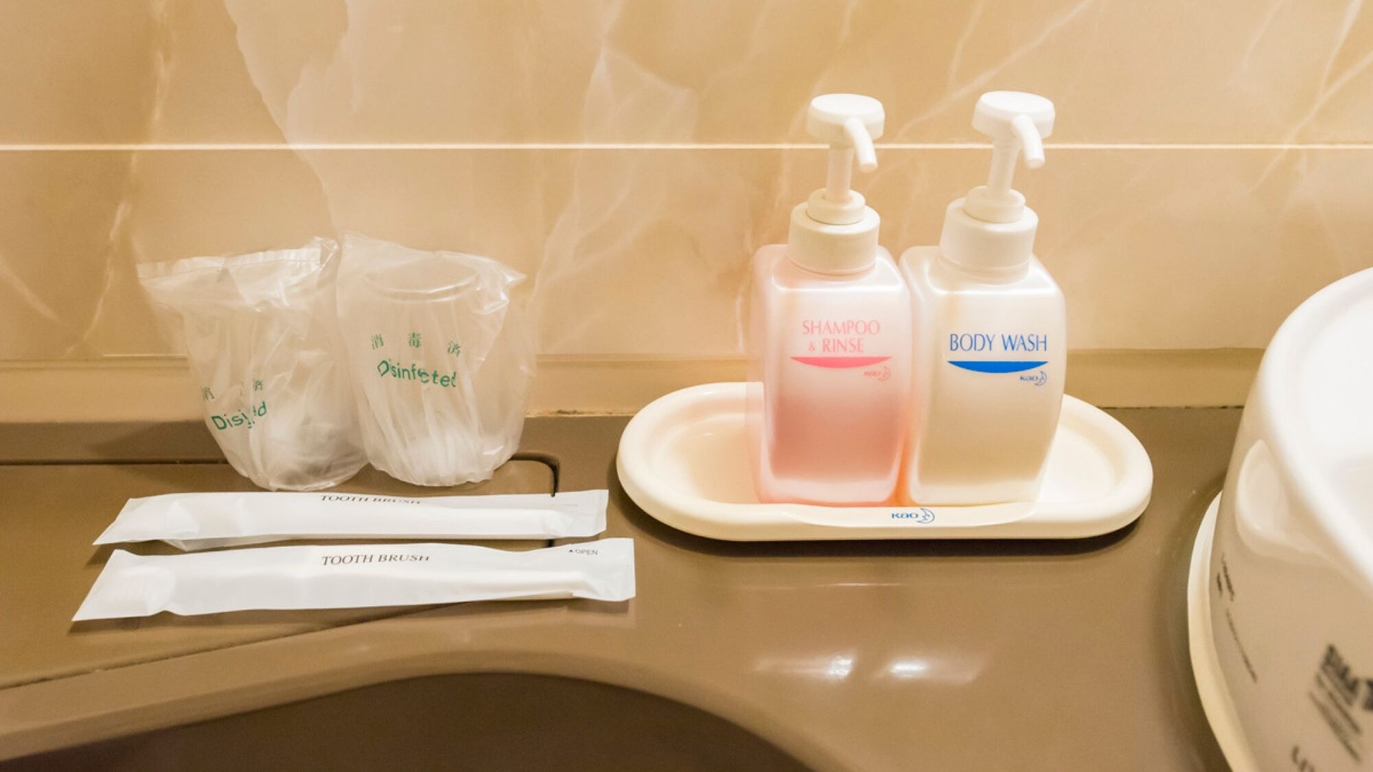 Una encimera de baño con un cepillo de dientes, un estuche pequeño para viajes y dos botellas de champú y gel de baño.