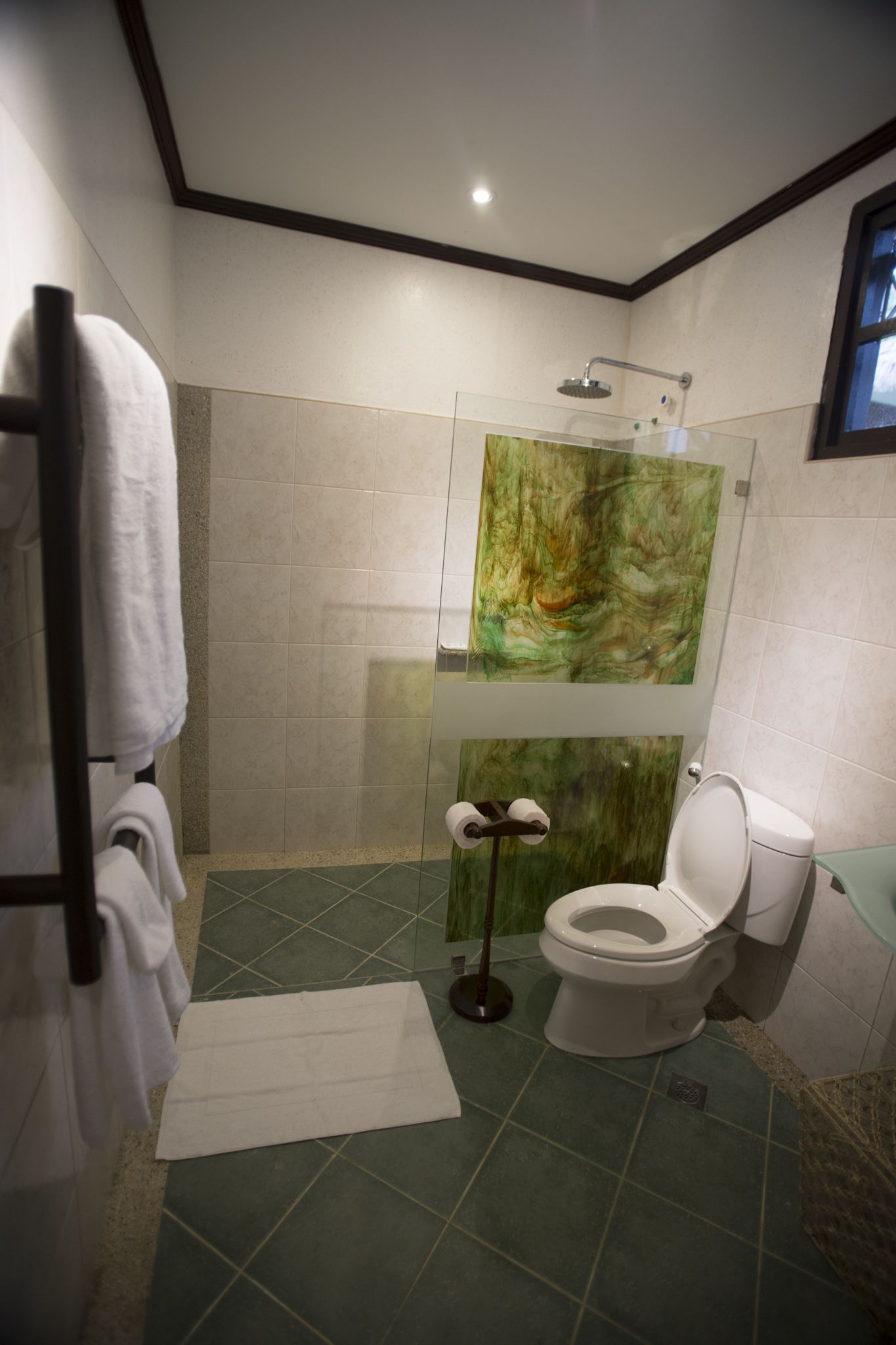A bathroom with a glass shower enclosure, a toilet, and a towel rack.