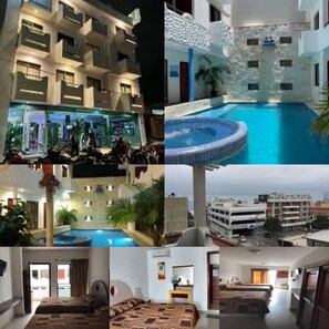 Un hotel de varios pisos, con piscina y vistas del entorno.