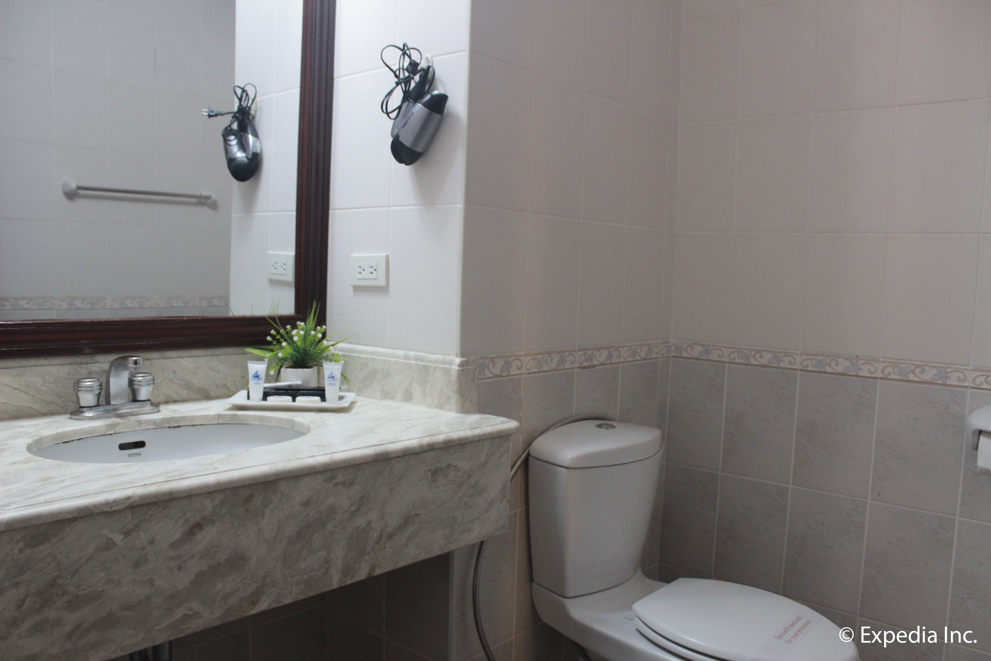 A bathroom with a sink, mirror, toilet, and a small potted plant on the counter.