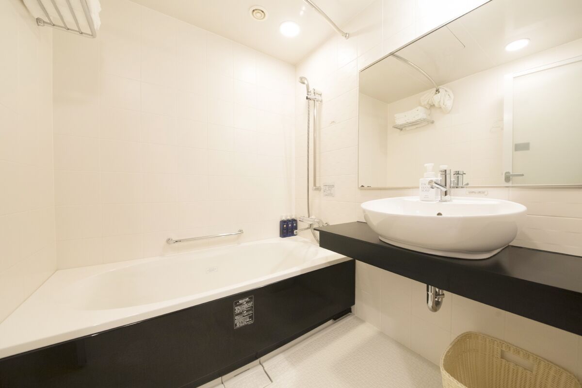 combined shower/bathtub, deep-soaking bathtub, free toiletries