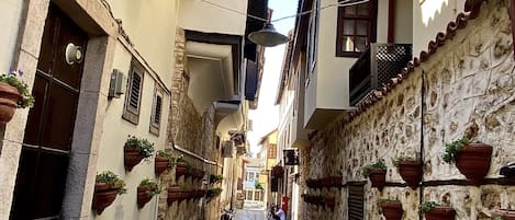 A narrow cobblestone street flanked by buildings with balconies and hanging flower pots.