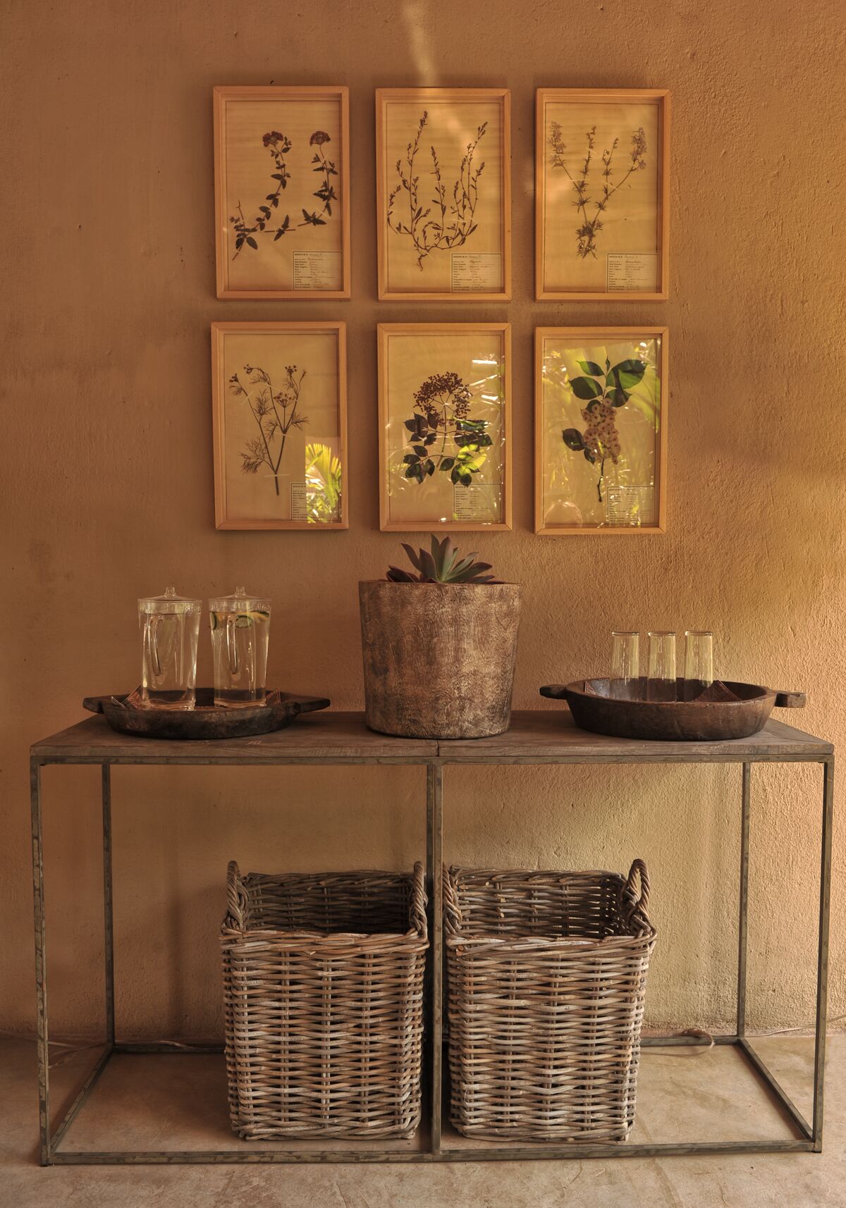 A table with framed botanical illustrations, a potted plant, and wicker baskets.