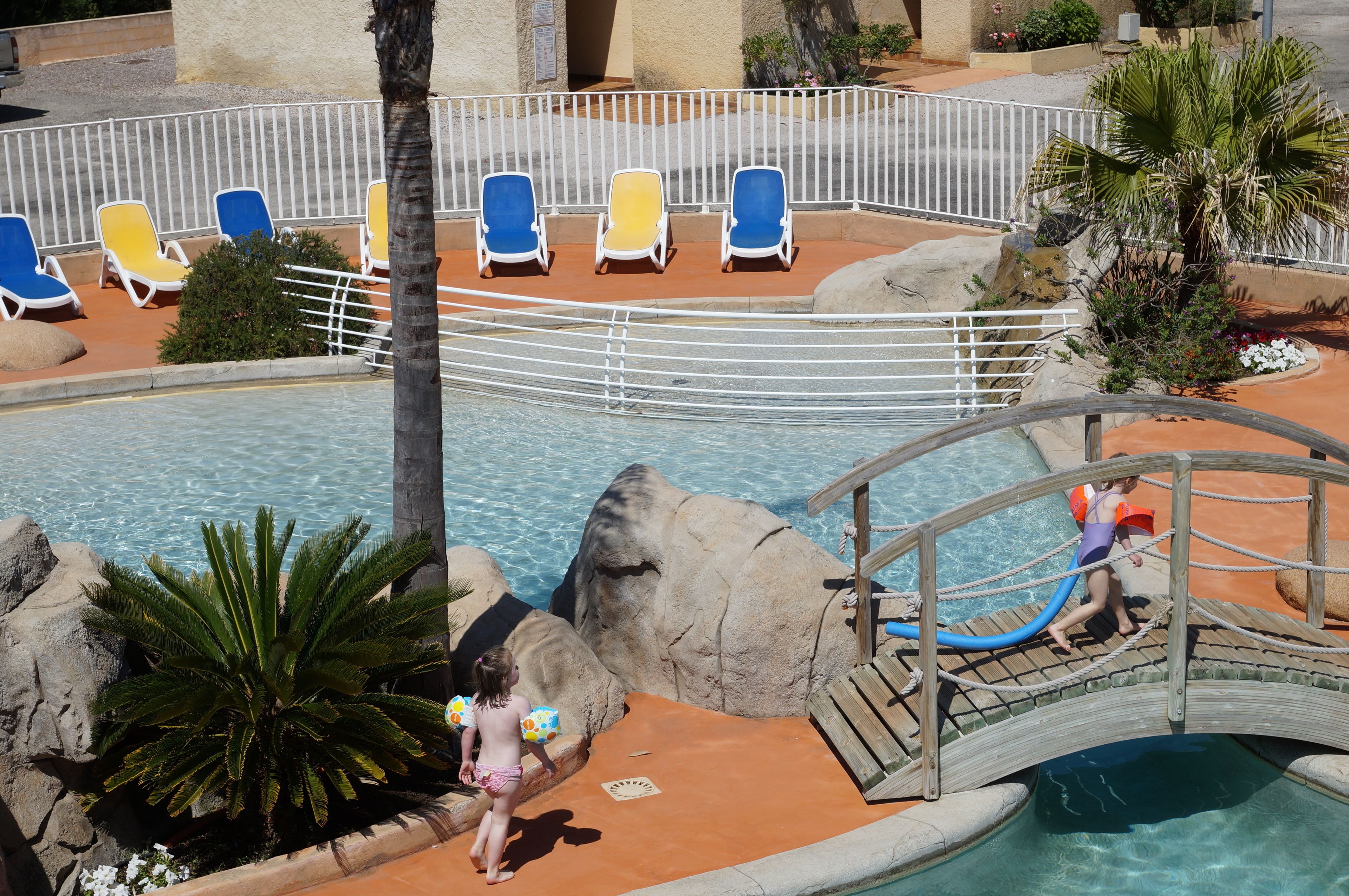 A pool area with lounge chairs, a bridge, and a palm tree.