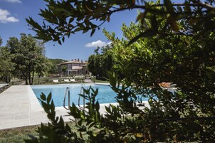 A swimming pool surrounded by a stone deck, with a house in the background and lush greenery.