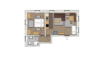A floor plan of a hotel room with a bathroom, a living area, a bedroom, and a small kitchen.