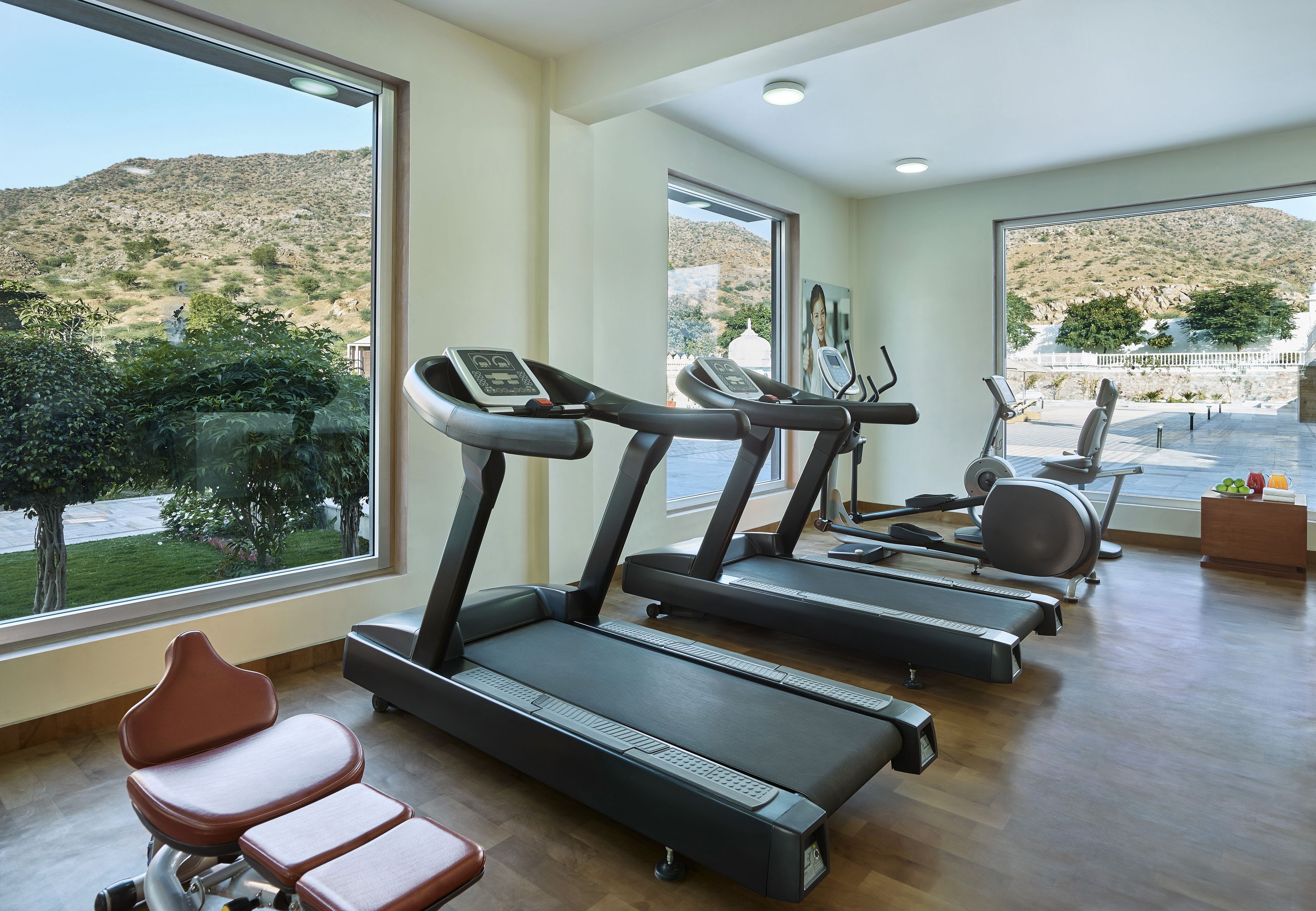 A gym with treadmills, ellipticals, and a rowing machine, large windows with a view of a hilly landscape.