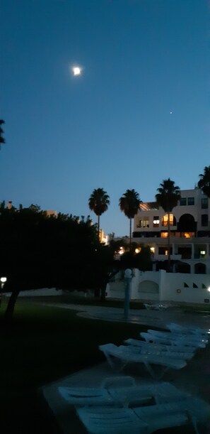 Piscine extérieure, chaises longues