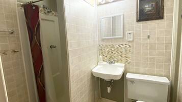 A bathroom with a shower, toilet, sink, and a mirror.