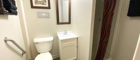 Een badkamer met toilet, wastafel en douche.