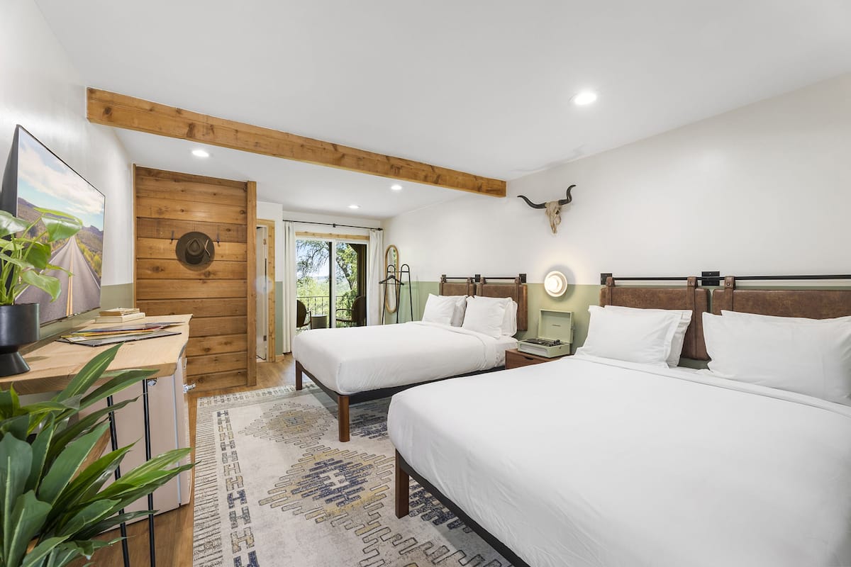 A bedroom with two beds, wooden beams, a bull skull decoration, a desk with a plant, and a view through a glass door.