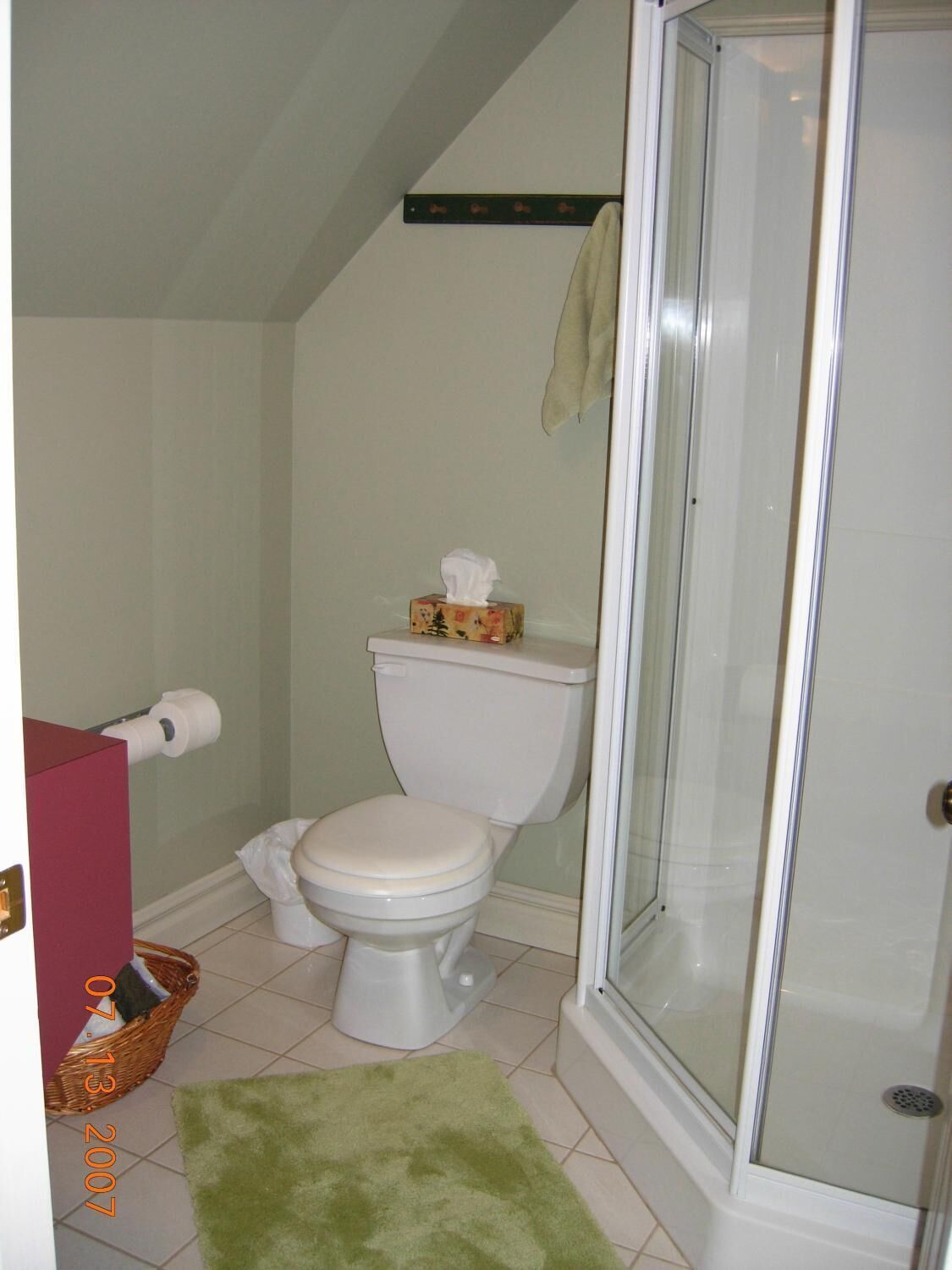 A bathroom with a toilet, a shower with glass doors, a green rug, and a towel rack.
