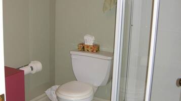 A bathroom with a toilet, a shower with glass doors, a green rug, and a towel rack.