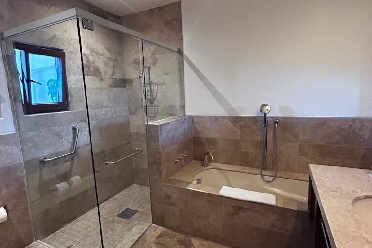 superior double room, 2 queen beds | bathroom | separate bathtub and shower, deep-soaking bathtub, free toiletries