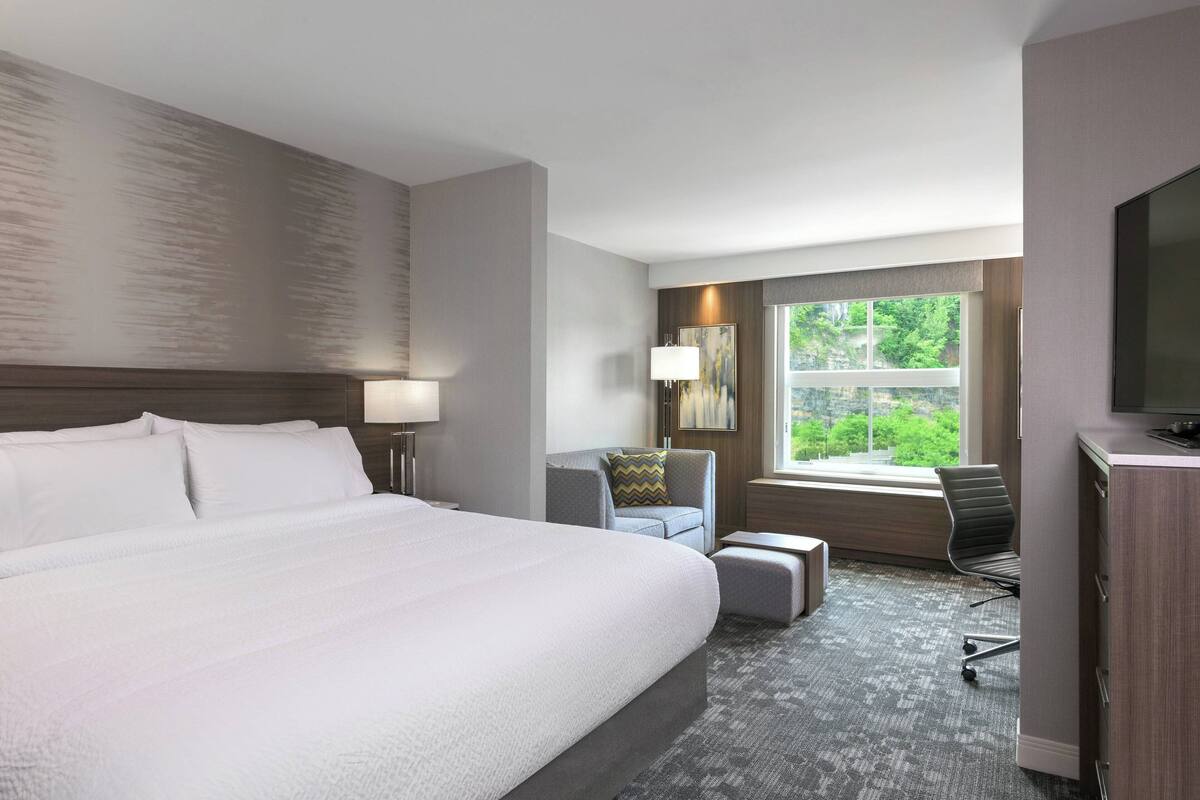 A hotel room with a large bed, a desk, a chair, a TV, and a window with a view of greenery.
