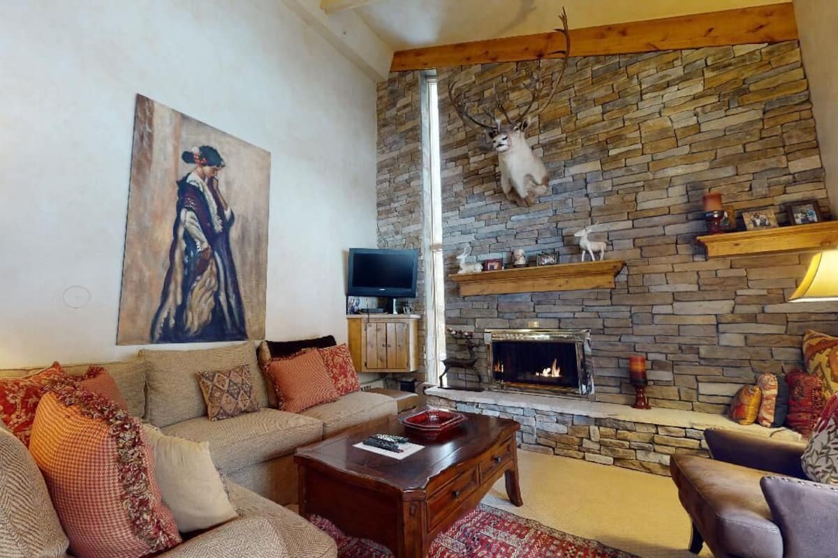 Flat-screen TV, fireplace