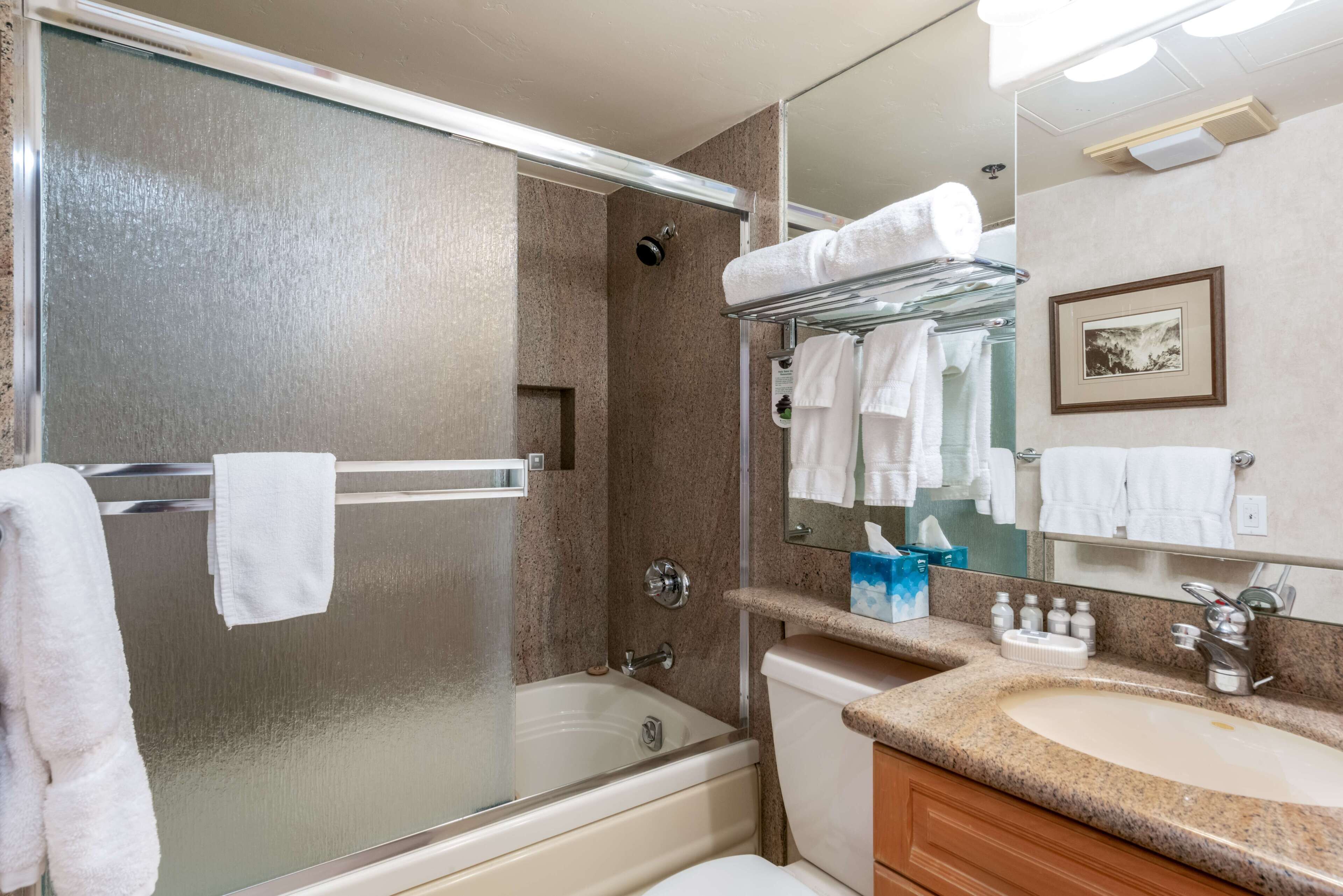 Une salle de bain avec une douche à parois de verre, une baignoire, un lavabo avec un meuble-vasque et un miroir.