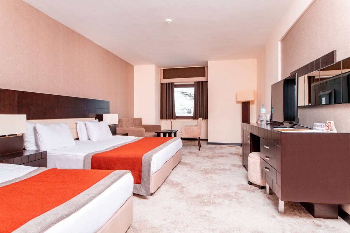 A hotel room with two beds, a desk, a chair, a TV, and a window with curtains.