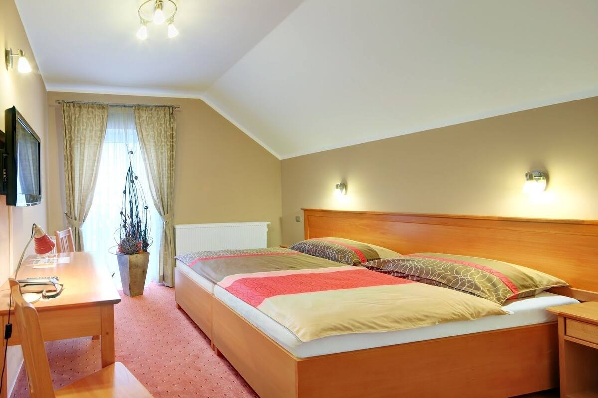 A bedroom with a large bed, a desk, a chair, a potted plant, and a TV.
