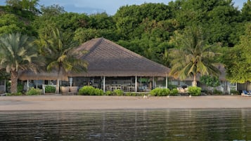A beachside hut with a thatched roof, surrounded by lush greenery and palm trees.