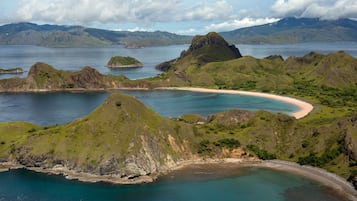 Paisagem costeira com colinas verdes, uma praia arenosa e uma baía.