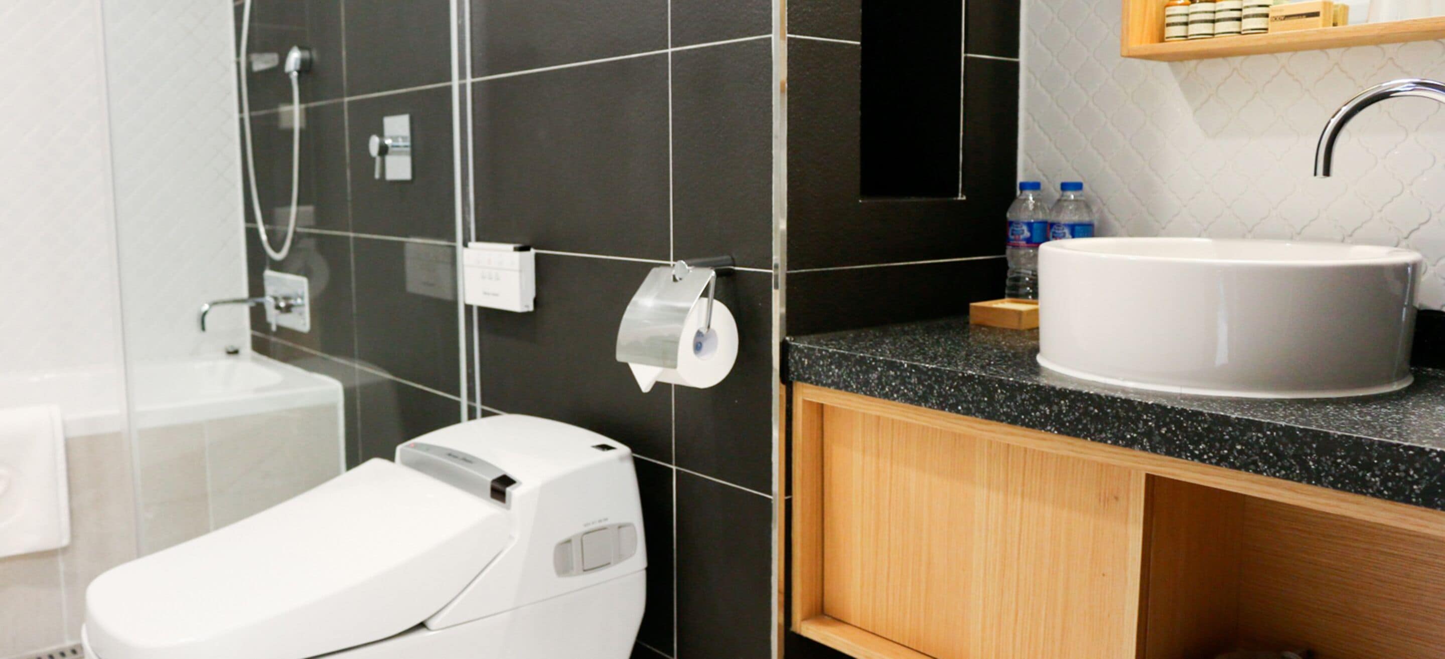 shower, free toiletries, bathrobes, slippers