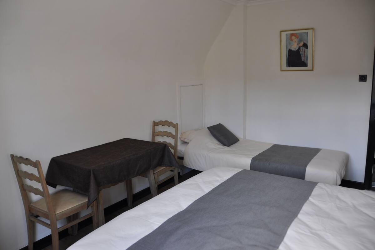 Une chambre avec deux lits simples, une petite table avec une chaise et un tableau au mur.