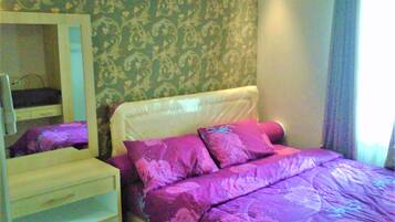 Desk, blackout curtains, rollaway beds, bed sheets