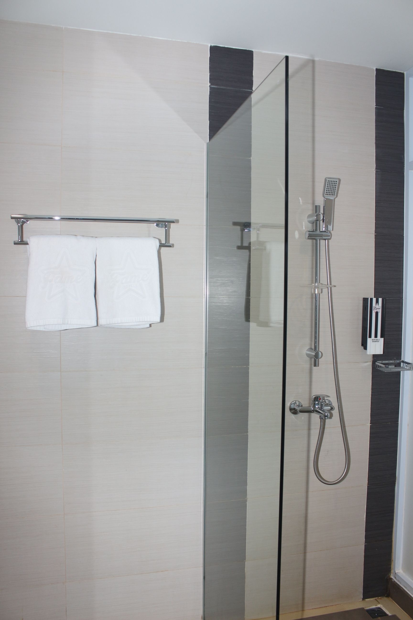 Ducha envuelta en vidrio con cabezal de ducha manual y manguera.