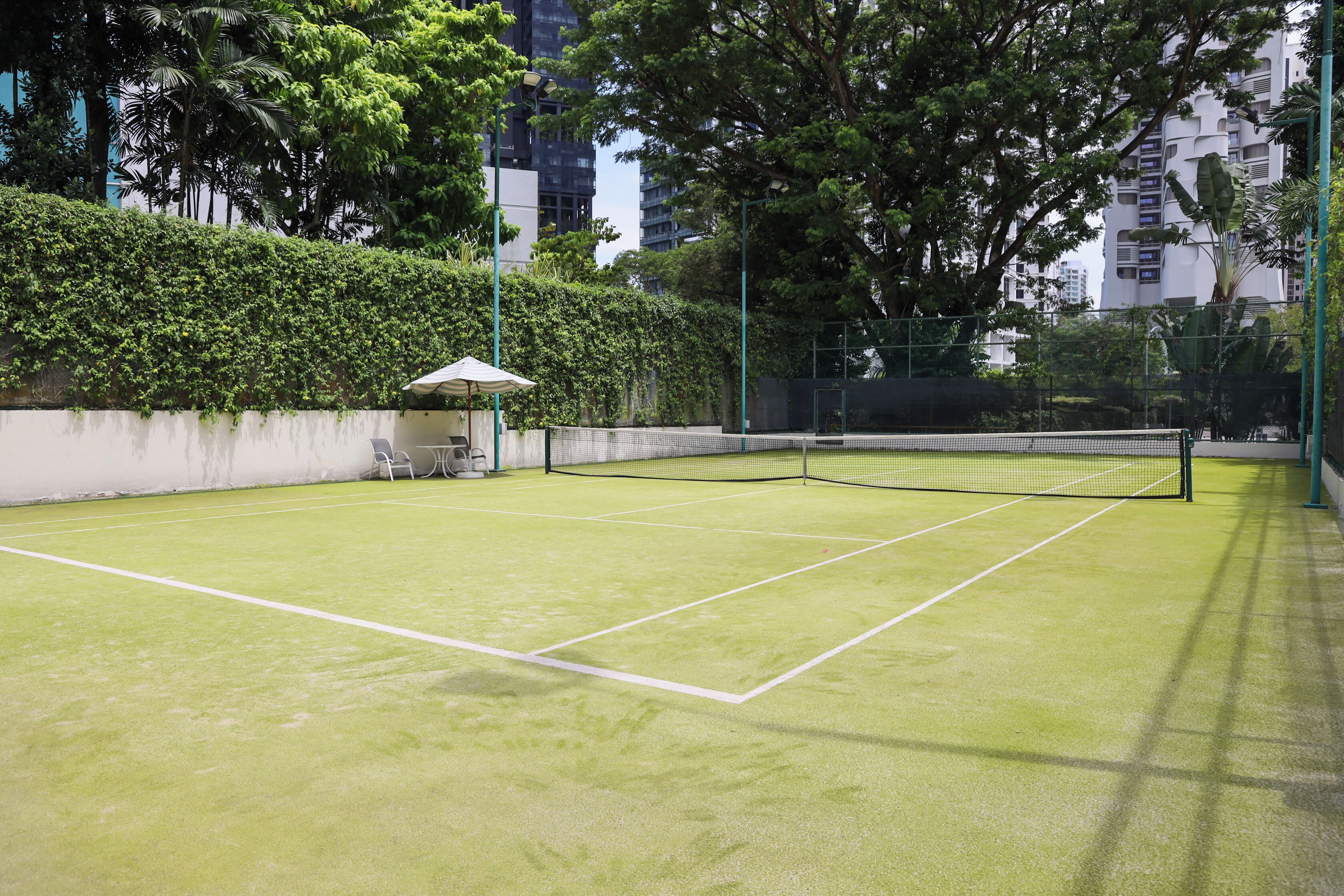 Ein Hallen-Tennisplatz mit Netz, umgeben von Grünpflanzen und einer weißen Wand.