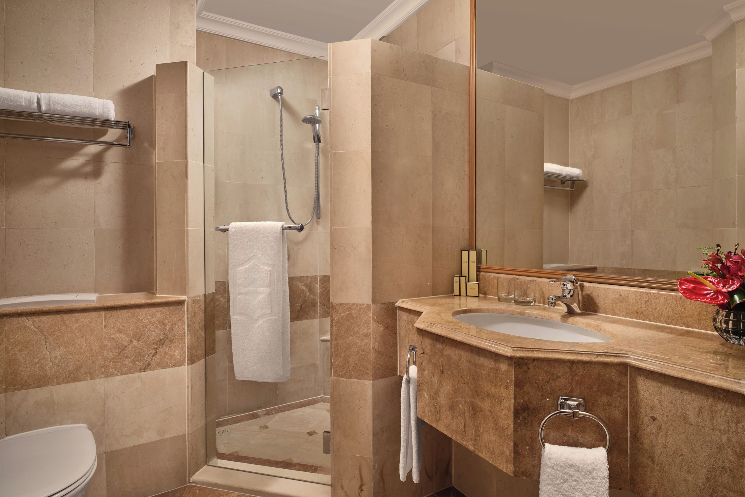 Un baño con ducha envuelta en vidrio, un lavabo e inodoro.