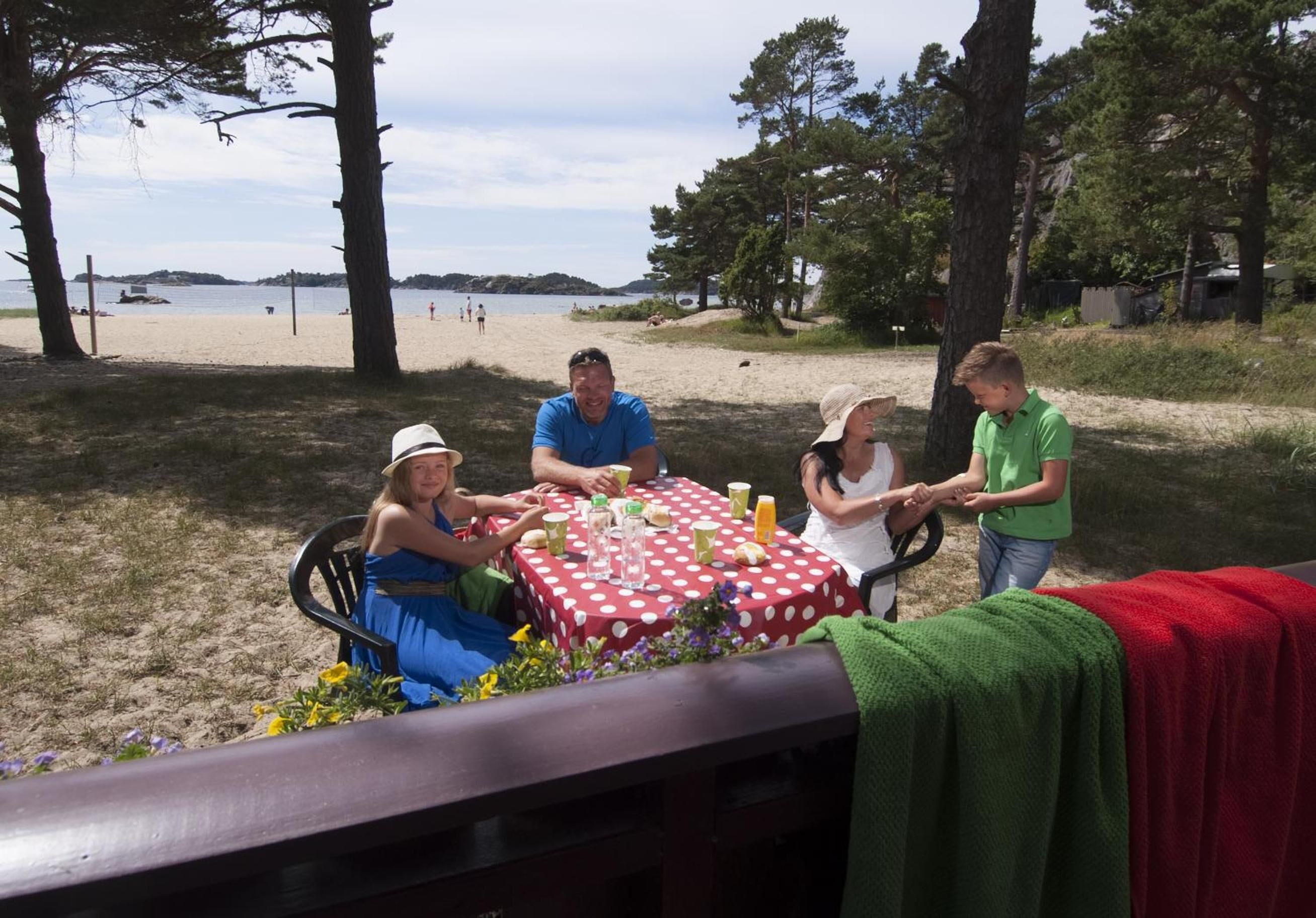 A group of people dining at an outdoor table with a red and white polka dot tablecloth, surrounded by trees and a beach in the background.