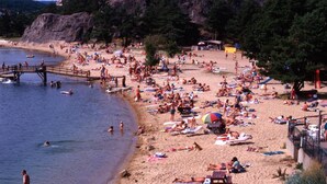 A crowded beach with people sunbathing, swimming, and walking along the shore.