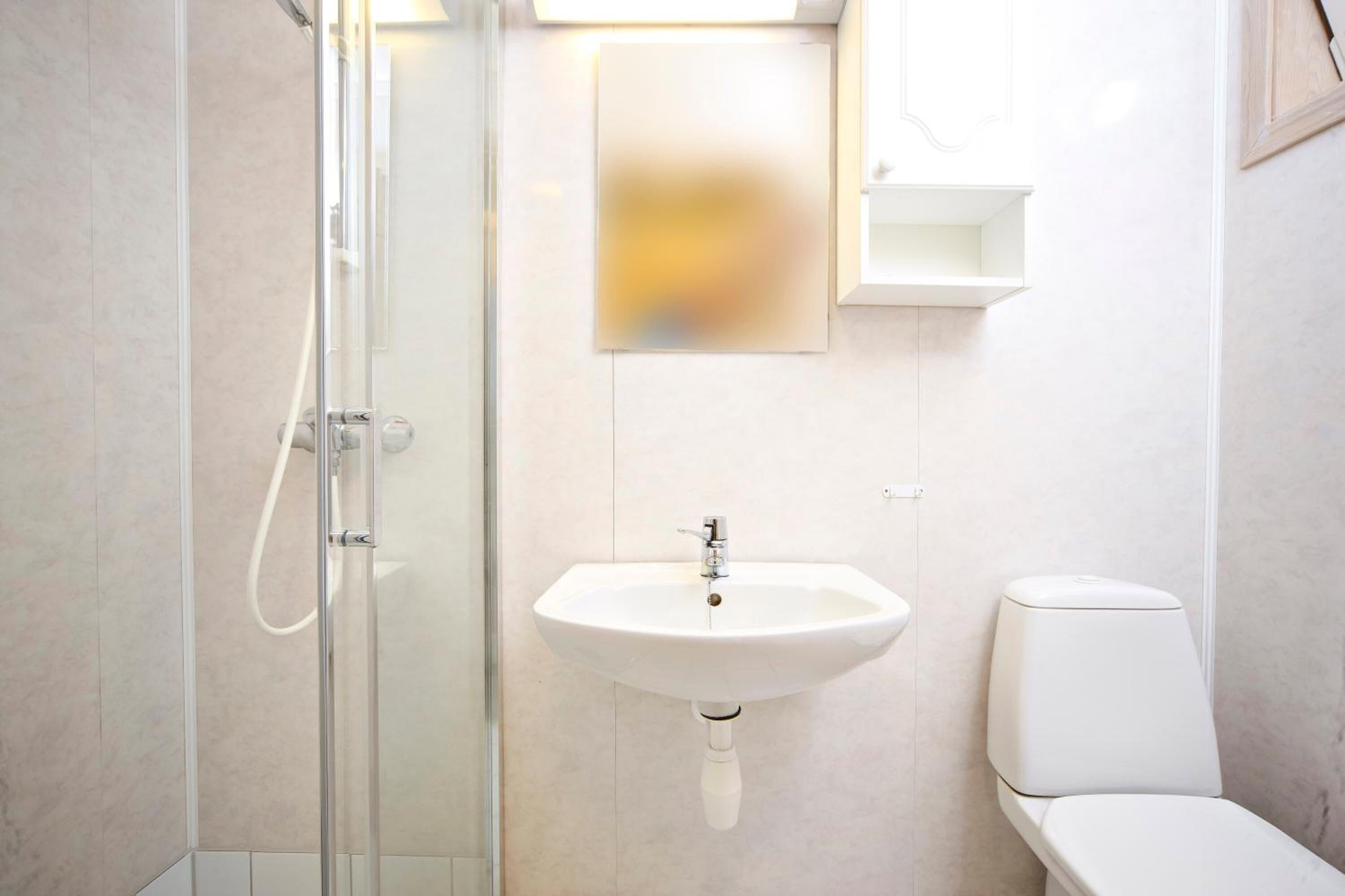 A modern bathroom with a glass shower enclosure, a white sink, and a toilet.