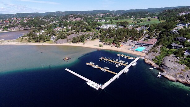 An aerial view of a coastal area with a marina, beach, and residential buildings.