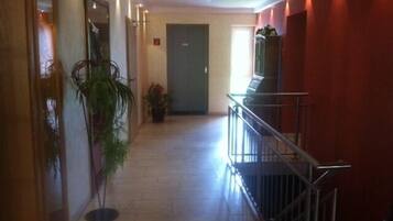A hotel corridor with a wooden floor, a potted plant, a door at the end, and a railing on the right.
