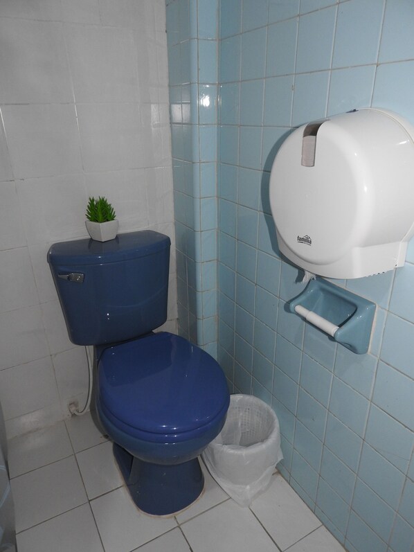 A bathroom with a blue toilet, a small potted plant, a hand dryer, and a trash bin. - Hostal Don Miguel Cartagena de Indias (Cartagena)