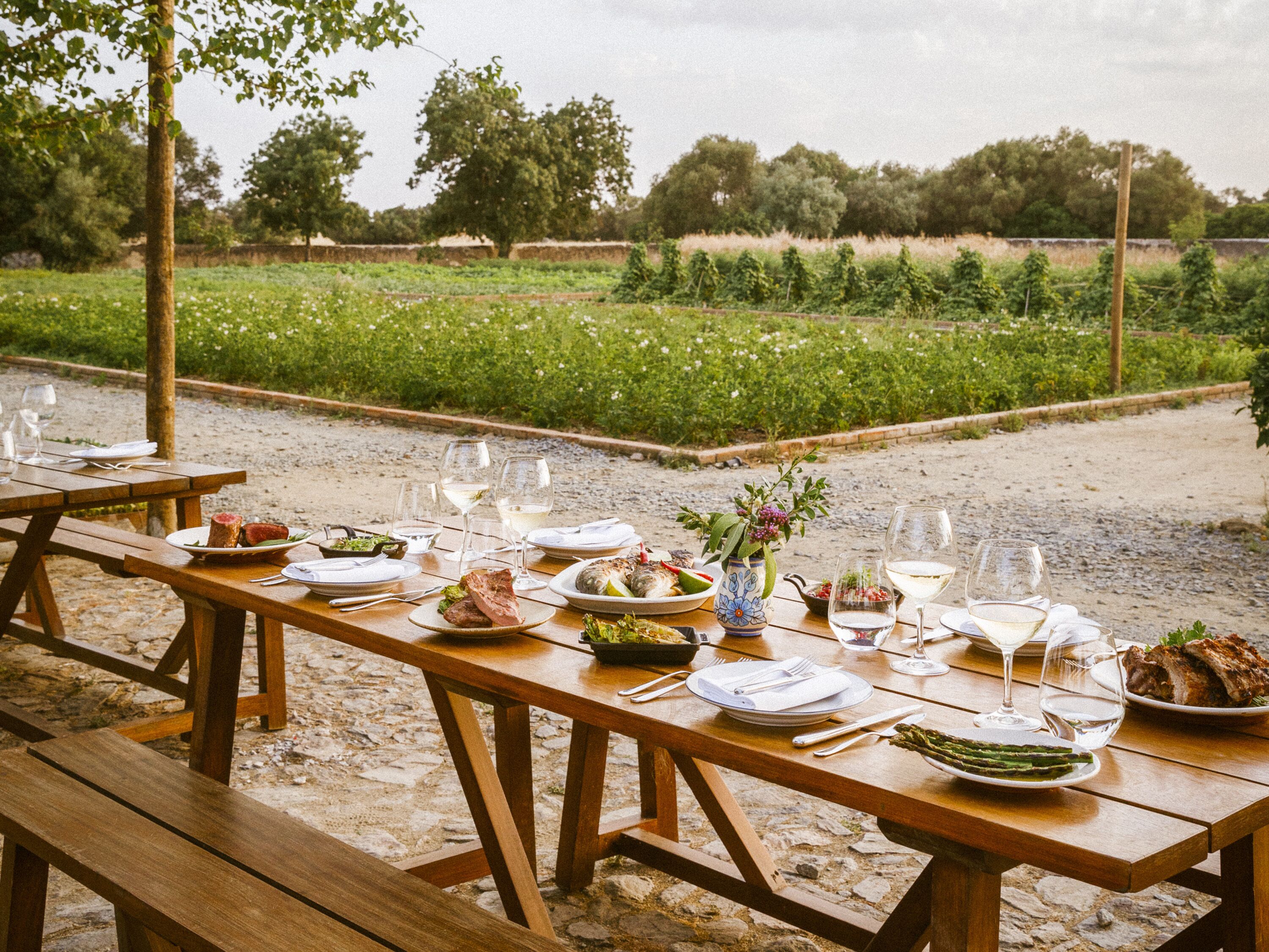 An outdoor dining area with wooden tables set for a meal, surrounded by a gravel path and greenery.