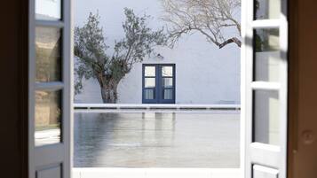 Vista a través de una puerta abierta que da a un cuarto con pared blanca, una puerta azul y un árbol fuera.