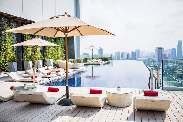 Outdoor pool, pool umbrellas, pool loungers