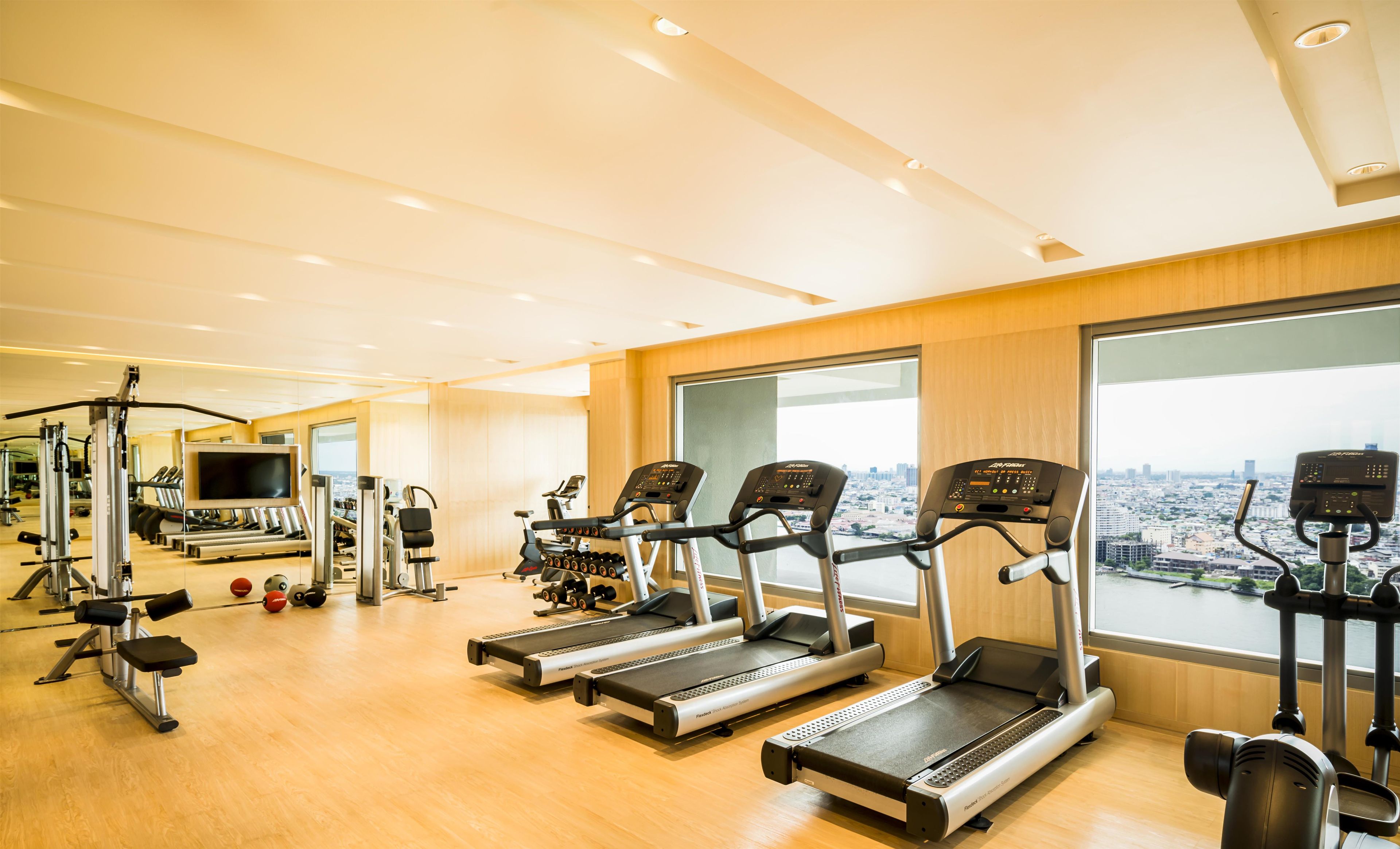 A gym with treadmills, weight machines, and a city view.